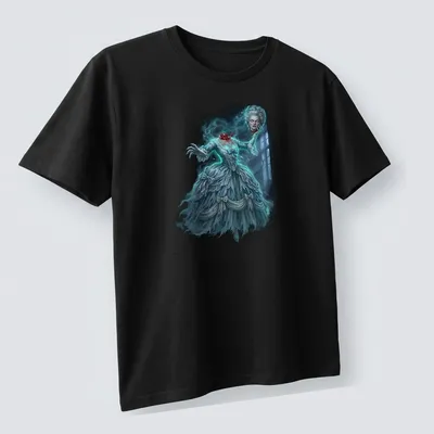 Detailed horror art of Marie Antoinette as a ghost in an elegant gown — printed on a unisex t-shirt (angled view)