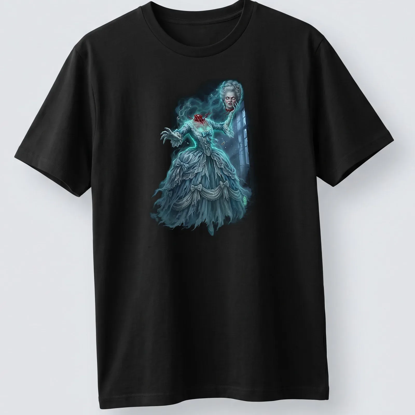 Detailed horror art of Marie Antoinette as a ghost in an elegant gown — printed on a unisex t-shirt