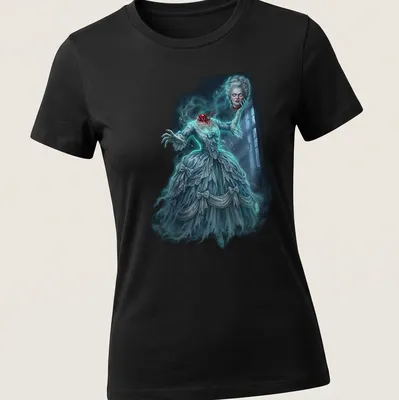 Detailed horror art of Marie Antoinette as a ghost in an elegant gown — printed on a women's shirt