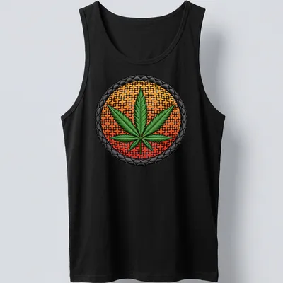 Embroidered patch of a marijuana leaf in green, orange, black, and yellow. — printed on a tank top