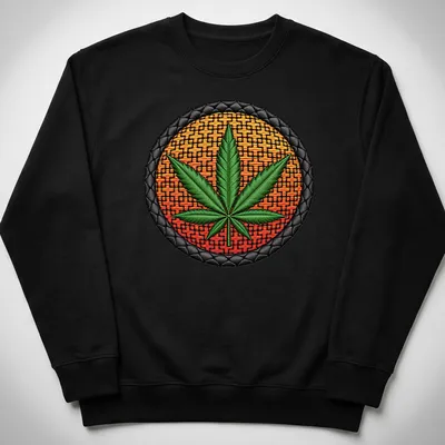 Embroidered patch of a marijuana leaf in green, orange, black, and yellow. — printed on a unisex sweatshirt
