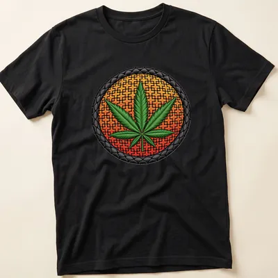 Embroidered patch of a marijuana leaf in green, orange, black, and yellow.