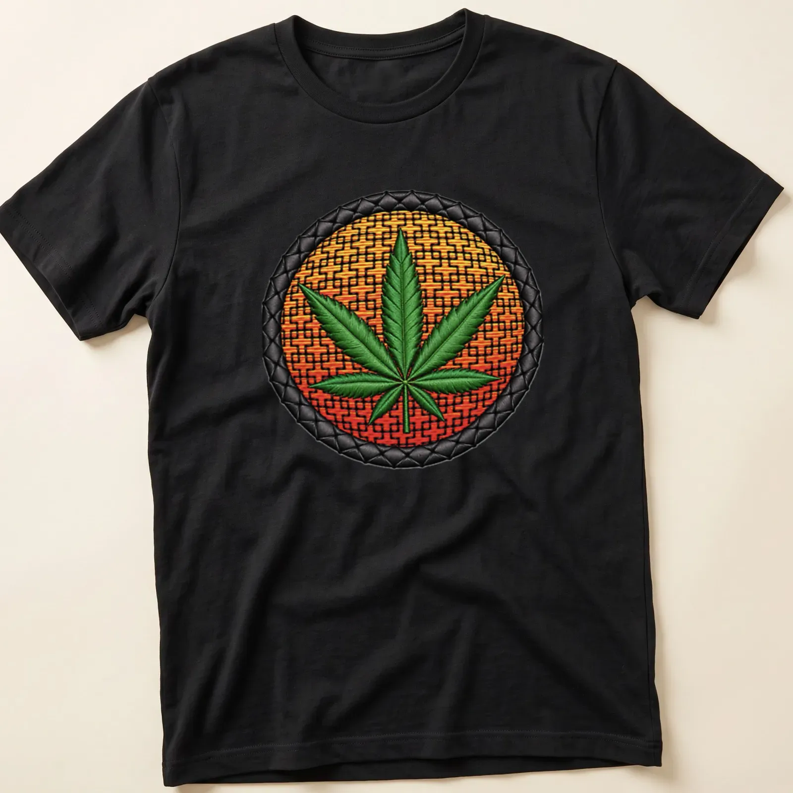Embroidered patch of a marijuana leaf in green, orange, black, and yellow. — printed on a unisex t-shirt
