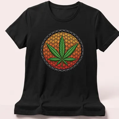 Embroidered patch of a marijuana leaf in green, orange, black, and yellow. — printed on a women's shirt
