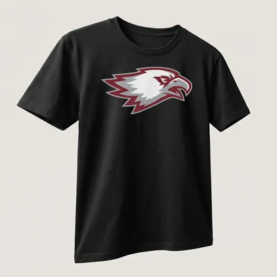 Bold graphic of an eagle head in maroon, gray, and white for Marjory Stoneman Douglas Eagles — printed on a unisex t-shirt (angled view)