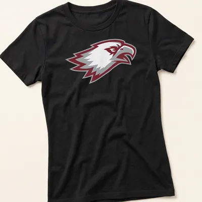 Bold graphic of an eagle head in maroon, gray, and white for Marjory Stoneman Douglas Eagles — printed on a women's shirt