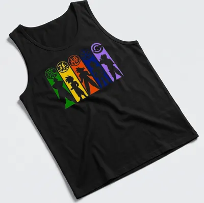 Silhouette of Saiyan characters with colorful text in a dynamic fusion stance — printed on a tank top