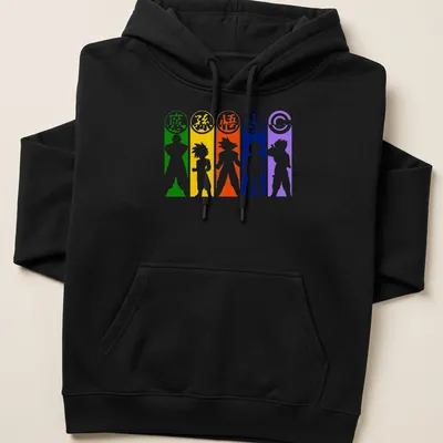 Silhouette of Saiyan characters with colorful text in a dynamic fusion stance — printed on a unisex hoodie