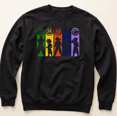 Silhouette of Saiyan characters with colorful text in a dynamic fusion stance — printed on a unisex sweatshirt