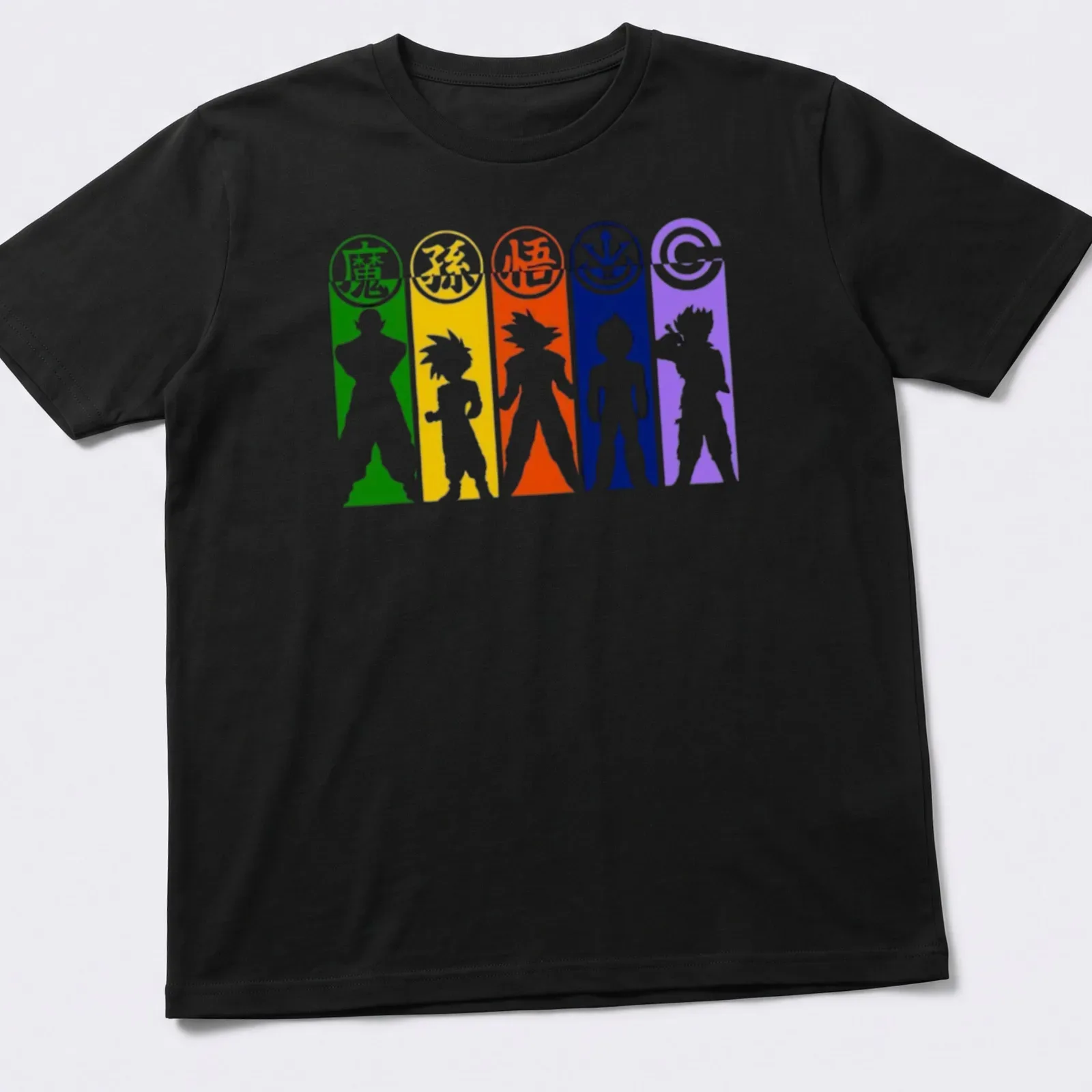 Silhouette of Saiyan characters with colorful text in a dynamic fusion stance — printed on a unisex t-shirt