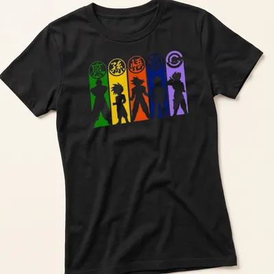 Silhouette of Saiyan characters with colorful text in a dynamic fusion stance — printed on a women's shirt