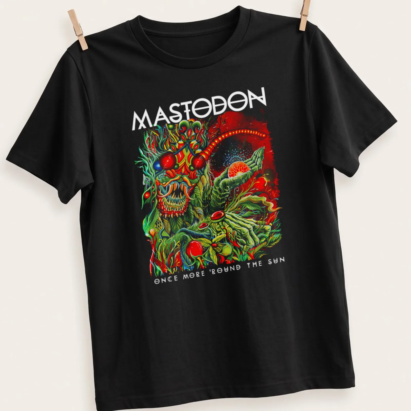 Psychedelic print with vibrant colors featuring a fantastical creature and text Master Of The Universe — printed on a unisex t-shirt