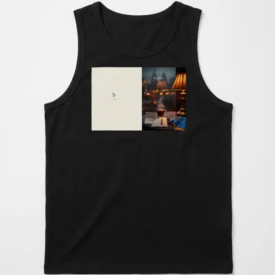 Photographic tee featuring the word Mementos above a cozy tea scene and rain. — printed on a tank top