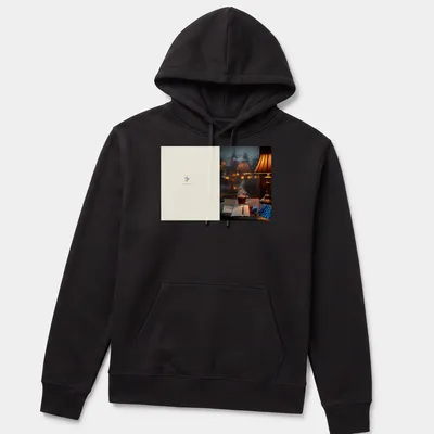 Photographic tee featuring the word Mementos above a cozy tea scene and rain. — printed on a unisex hoodie