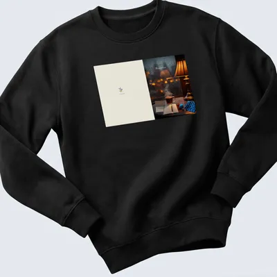 Photographic tee featuring the word Mementos above a cozy tea scene and rain. — printed on a unisex sweatshirt