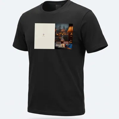 Photographic tee featuring the word Mementos above a cozy tea scene and rain.