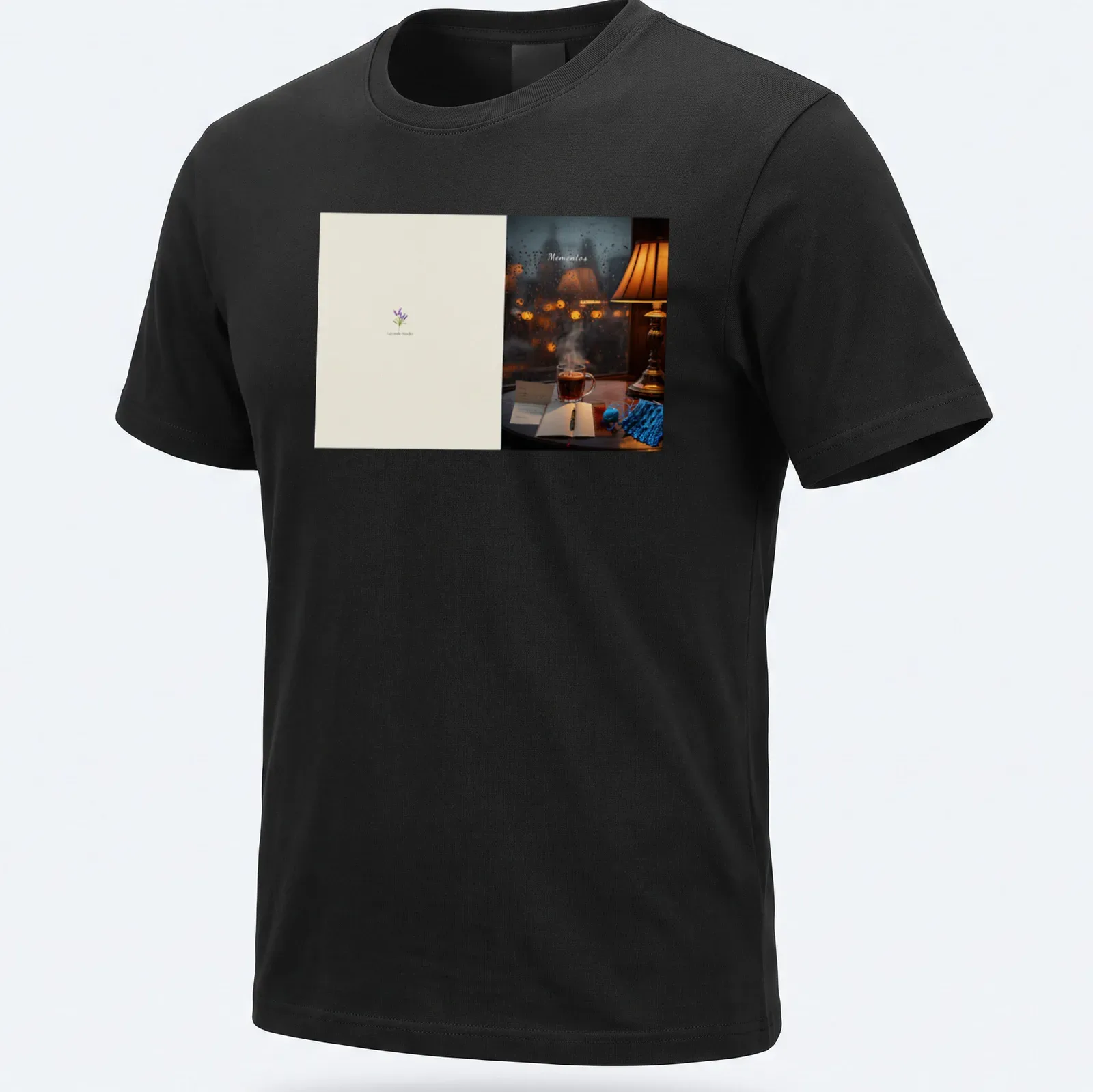 Photographic tee featuring the word Mementos above a cozy tea scene and rain. — printed on a unisex t-shirt