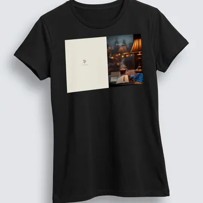 Photographic tee featuring the word Mementos above a cozy tea scene and rain. — printed on a women's shirt