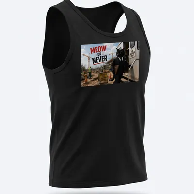 Humorous cat in a suit with the text 'MEOW OR NEVER' — printed on a tank top