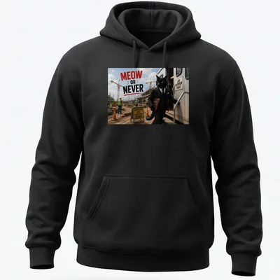 Humorous cat in a suit with the text 'MEOW OR NEVER' — printed on a unisex hoodie