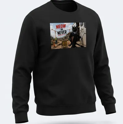 Humorous cat in a suit with the text 'MEOW OR NEVER' — printed on a unisex sweatshirt
