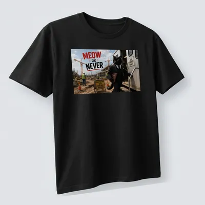 Humorous cat in a suit with the text 'MEOW OR NEVER' — printed on a unisex t-shirt (angled view)