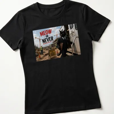 Humorous cat in a suit with the text 'MEOW OR NEVER' — printed on a women's shirt