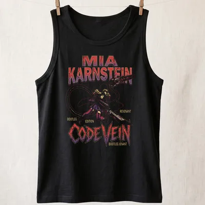 Vintage gaming-inspired t-shirt featuring Mia Karnstein in red, purple, white, and black. — printed on a tank top