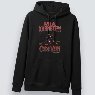 Vintage gaming-inspired t-shirt featuring Mia Karnstein in red, purple, white, and black. — printed on a unisex hoodie