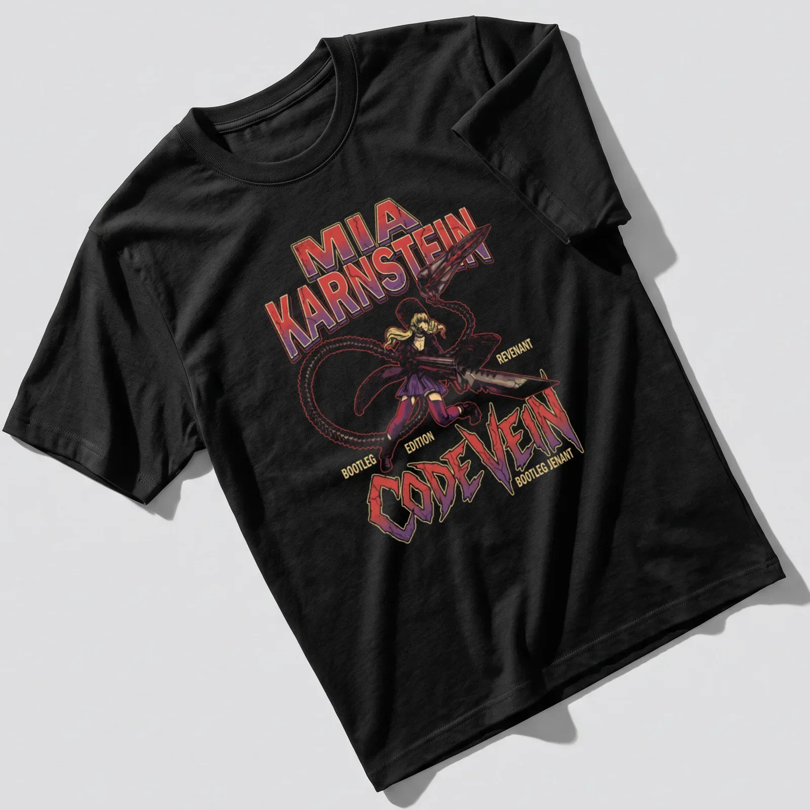 Vintage gaming-inspired t-shirt featuring Mia Karnstein in red, purple, white, and black. — printed on a unisex t-shirt
