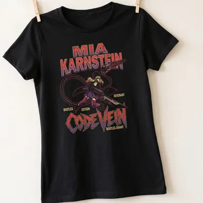 Vintage gaming-inspired t-shirt featuring Mia Karnstein in red, purple, white, and black. — printed on a women's shirt