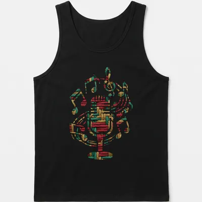 Microphone and music notes illustrated in woven thread texture with warm colors — printed on a tank top