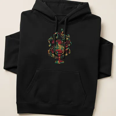 Microphone and music notes illustrated in woven thread texture with warm colors — printed on a unisex hoodie
