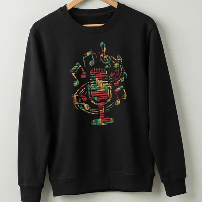 Microphone and music notes illustrated in woven thread texture with warm colors — printed on a unisex sweatshirt