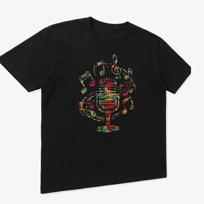 Microphone and music notes illustrated in woven thread texture with warm colors — printed on a unisex t-shirt (angled view)
