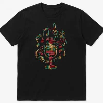 Microphone and music notes illustrated in woven thread texture with warm colors