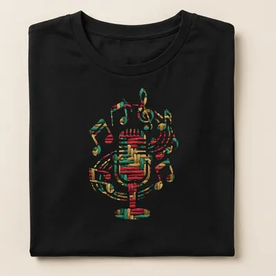 Microphone and music notes illustrated in woven thread texture with warm colors — printed on a women's shirt