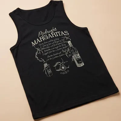 Whimsical vintage design featuring margaritas and playful Halloween-themed text — printed on a tank top