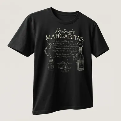 Whimsical vintage design featuring margaritas and playful Halloween-themed text — printed on a unisex t-shirt (angled view)