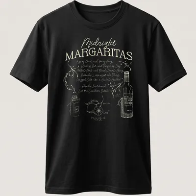 Whimsical vintage design featuring margaritas and playful Halloween-themed text