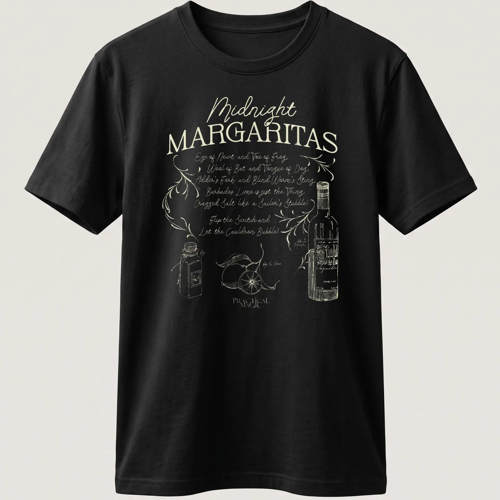 Whimsical vintage design featuring margaritas and playful Halloween-themed text — printed on a unisex t-shirt