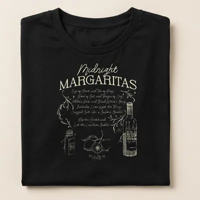 Whimsical vintage design featuring margaritas and playful Halloween-themed text — printed on a women's shirt