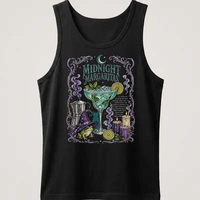 Vintage witch illustration with margarita, purple and green colors, Halloween theme. — printed on a tank top