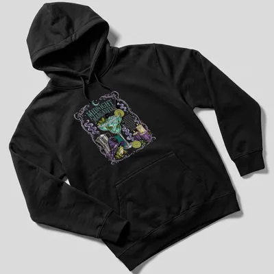 Vintage witch illustration with margarita, purple and green colors, Halloween theme. — printed on a unisex hoodie