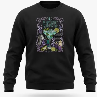 Vintage witch illustration with margarita, purple and green colors, Halloween theme. — printed on a unisex sweatshirt