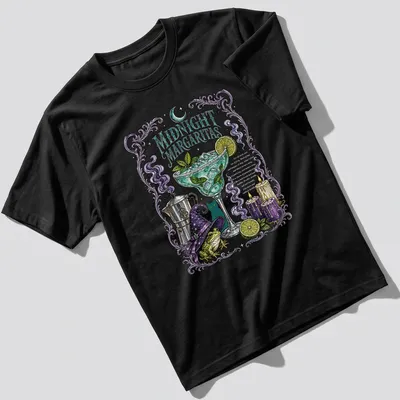 Vintage witch illustration with margarita, purple and green colors, Halloween theme.