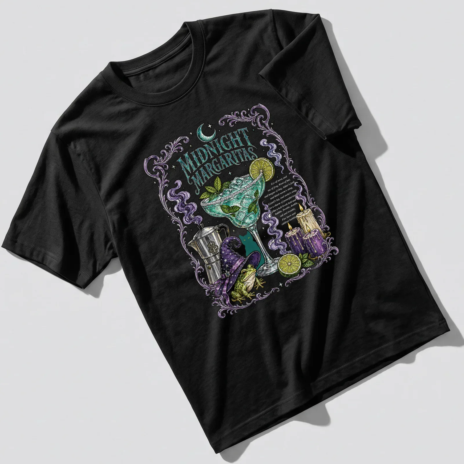 Vintage witch illustration with margarita, purple and green colors, Halloween theme. — printed on a unisex t-shirt