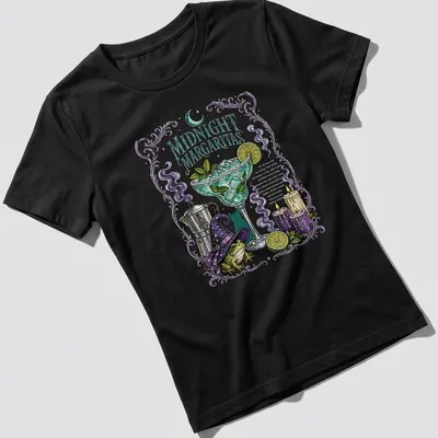 Vintage witch illustration with margarita, purple and green colors, Halloween theme. — printed on a women's shirt