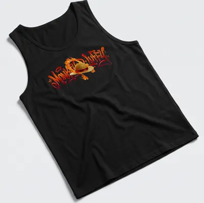 Graffiti style Monkey D. Luffy t-shirt with flames in red, orange, and gold — printed on a tank top