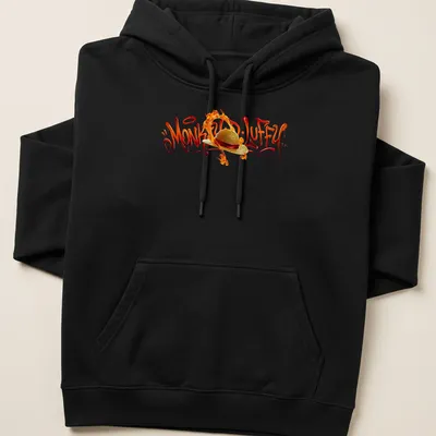 Graffiti style Monkey D. Luffy t-shirt with flames in red, orange, and gold — printed on a unisex hoodie